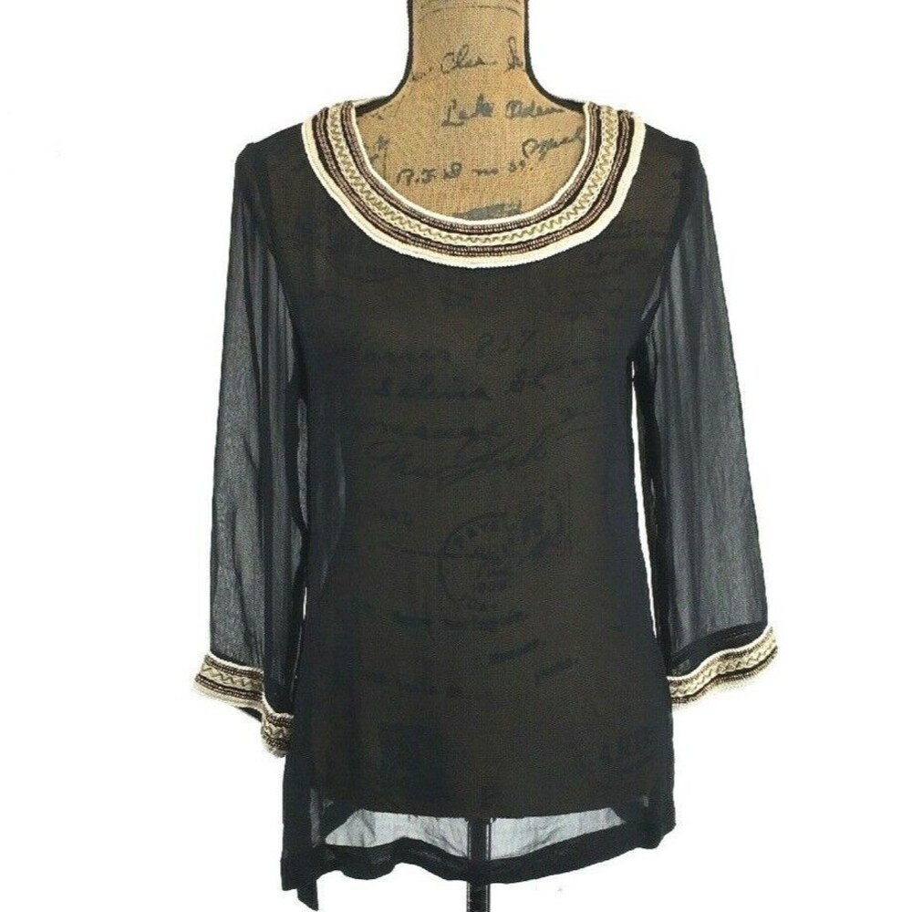 Womens S‎ Blouse Black Tunic Rayon Chiffon Embellish Hi Low Top IMAGE OF ME LN